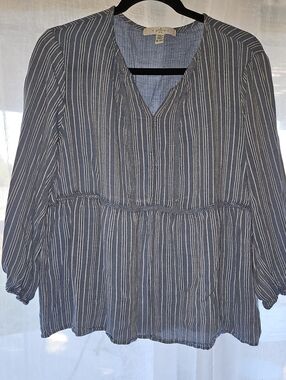 Fever Blue and White Striped V-Neck Peasant Tunic